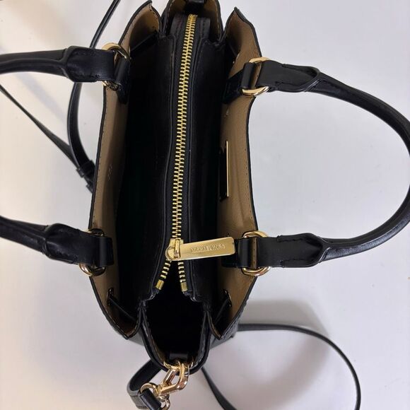 Michael Kors Black Leather Reed Center Logo MK Satchel Purse - Picture 10 of 13